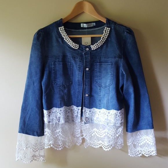denim jacket with lace and pearls